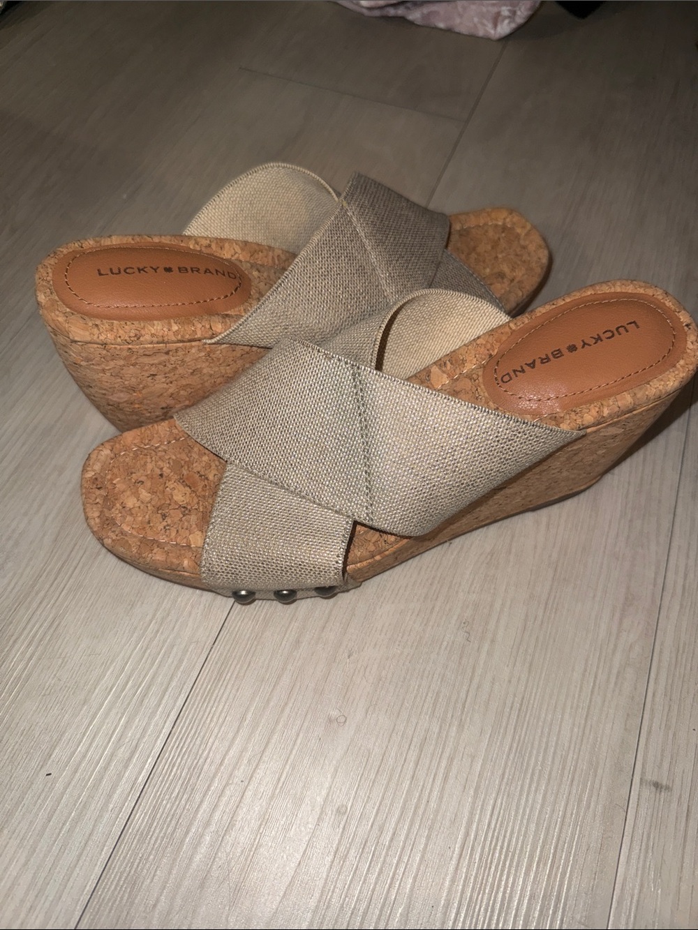Lucky Brand Linen Cross-Strap Cork Wedge Sandals - Neutral Tan
